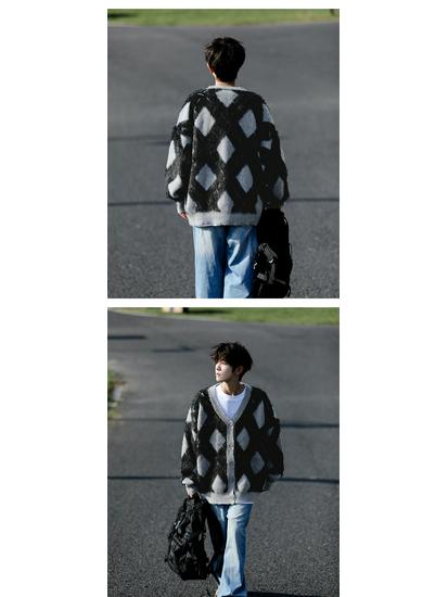Men's Autumn/Winter Retro College Diamond Check Cardigan - Soft, Sticky, Trendy, Casual Knitted Style for Couples