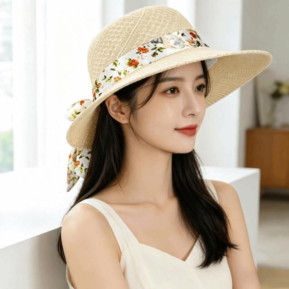 Ribbon Bow UV Protection Hat Hollow Woven Beach Sun Hat Stylish Fisherman Sun Hat Summer Season