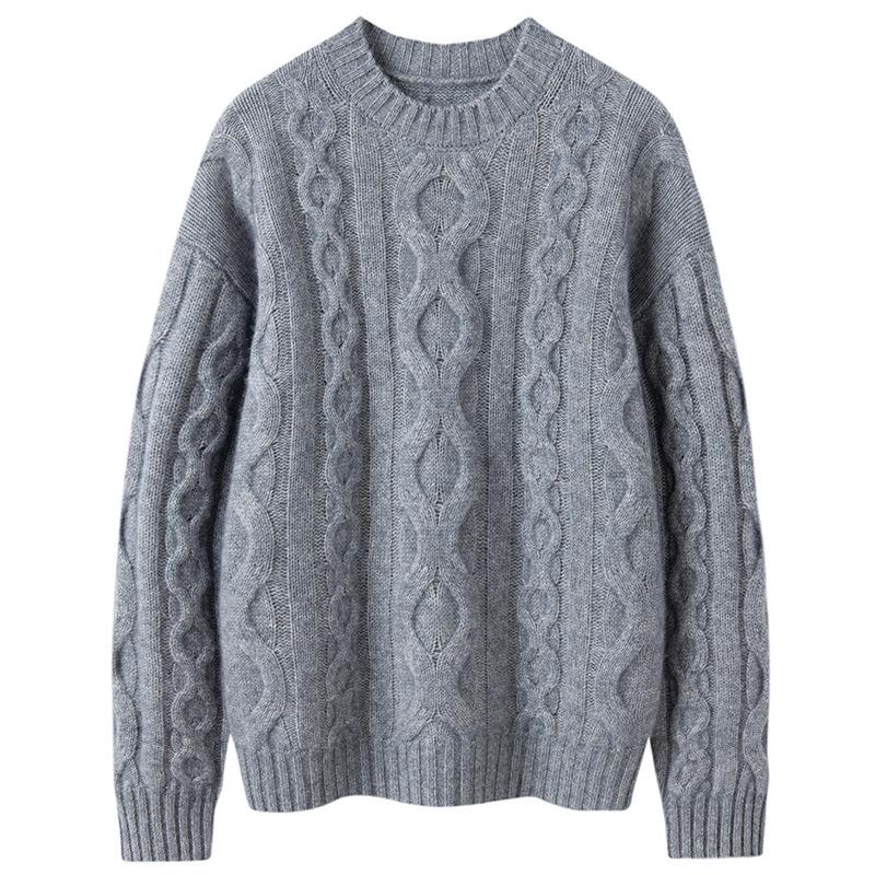 Women's Round Neck Cable Knit Cashmere Sweater - 2026 Autumn/Winter, Gentle Style, Solid Color, Thick and Warm Base Layer.