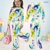Girls Dark Blue Printed Round Neck Long Sleeve Top And Flared Pants Two Piece Set