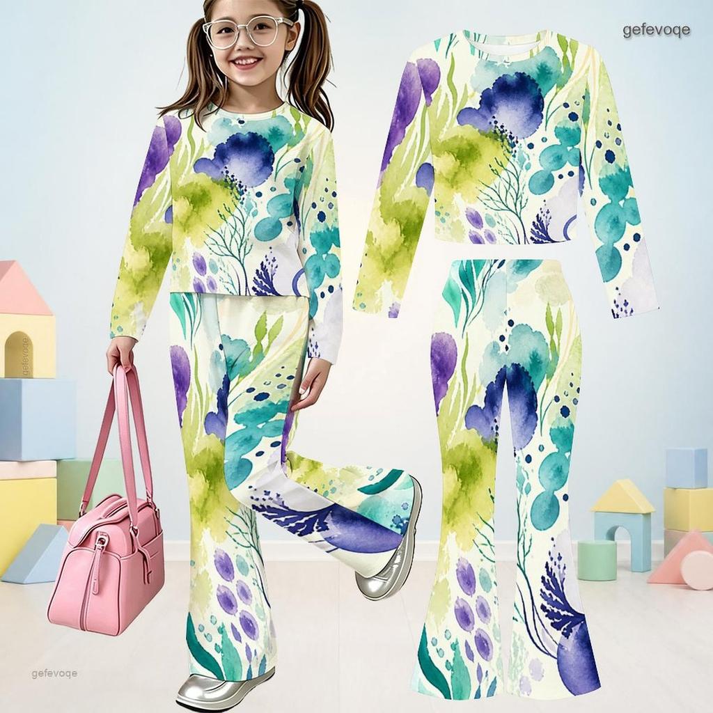 Girls Dark Blue Printed Round Neck Long Sleeve Top And Flared Pants Two Piece Set