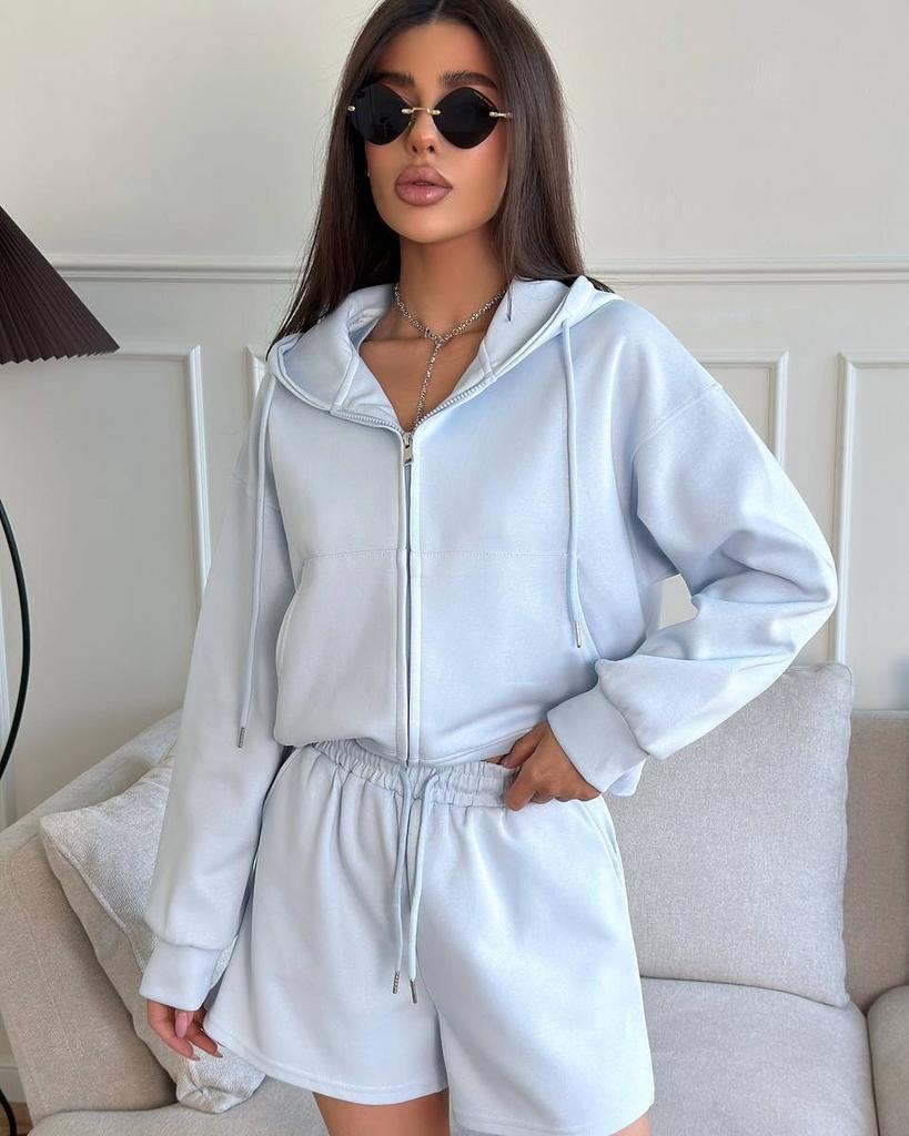 Casual European and American women's sports set, solid color long-sleeve zip-up cardigan, tie-up shorts, two-piece set