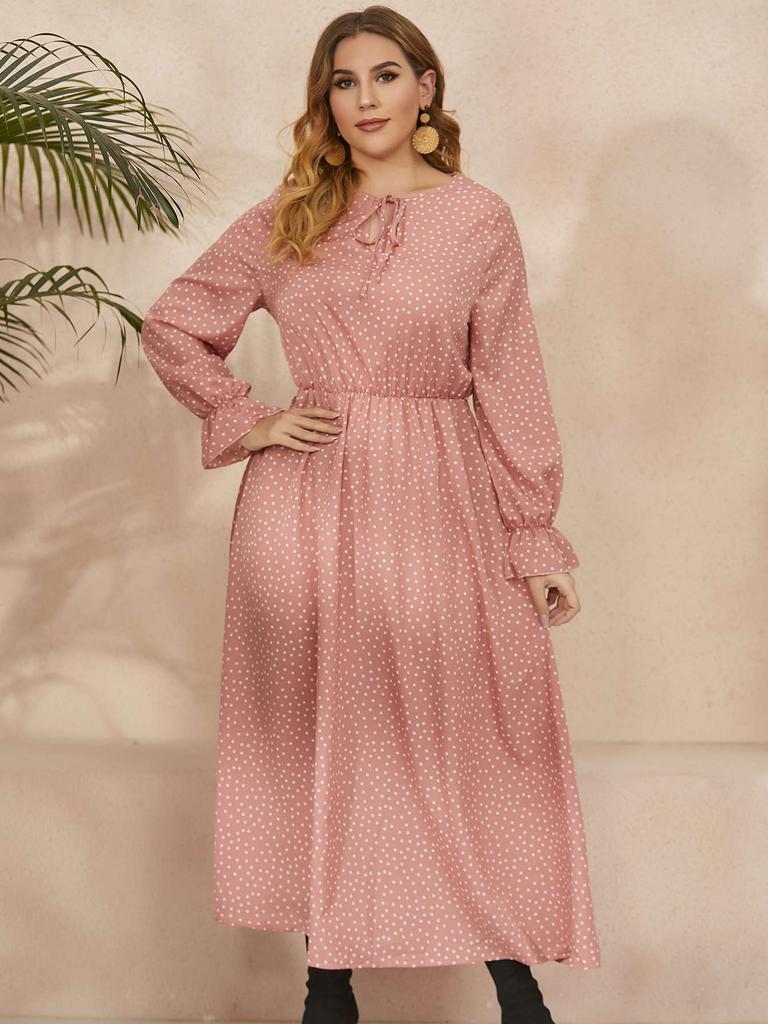 Frühlings- und Herbst-Damenkleid, großes Kleid, gepunktet, lockere Langarm-Kleider