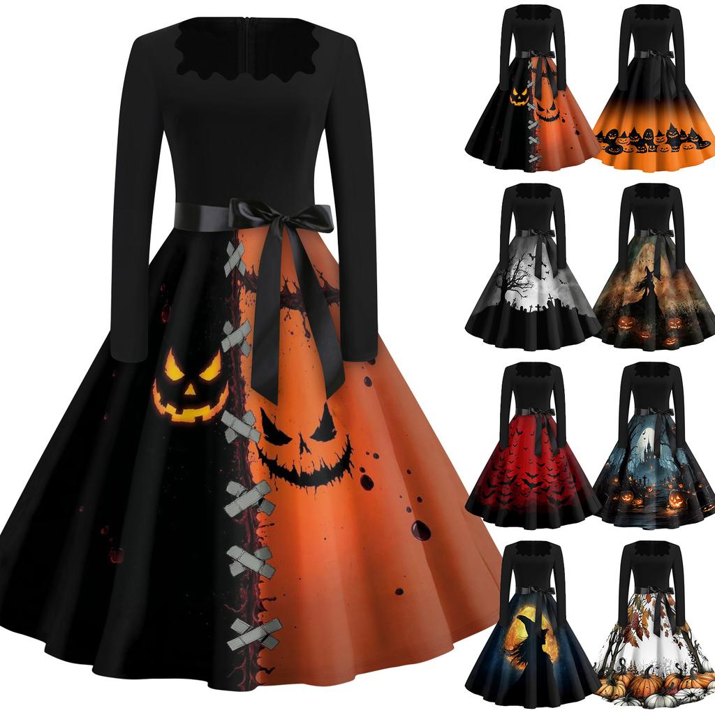 Women's Casual Vintage Halloween Print Dress Square Neck Long Sleeve Retro Style Midi Dress with Waist Tie Belt for Daily Wear