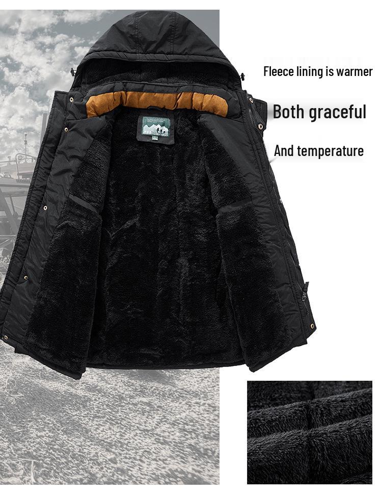Men's Fleece-Lined Winter Coat - Thick, Casual, Multi-Pocket, Mid-Length Jacket for Middle-Aged and Elderly
