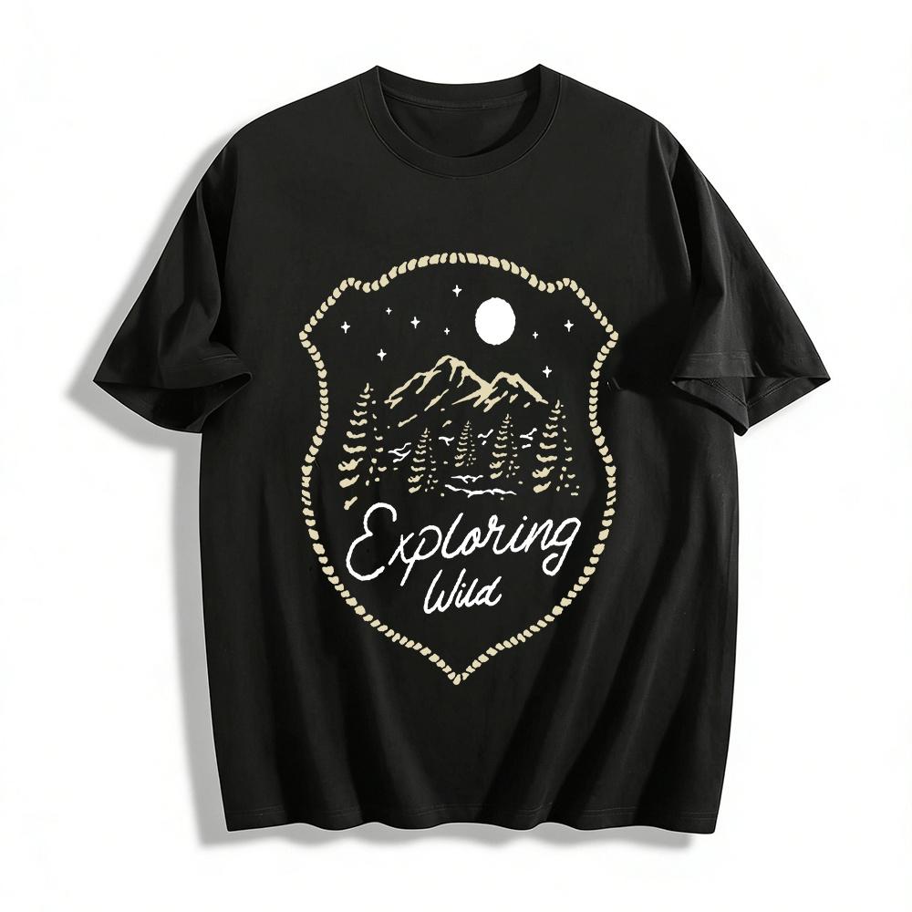 Vintage Mountain Forest Print Casual Crewneck T-Shirt Pure cotton T-shirt XXS
