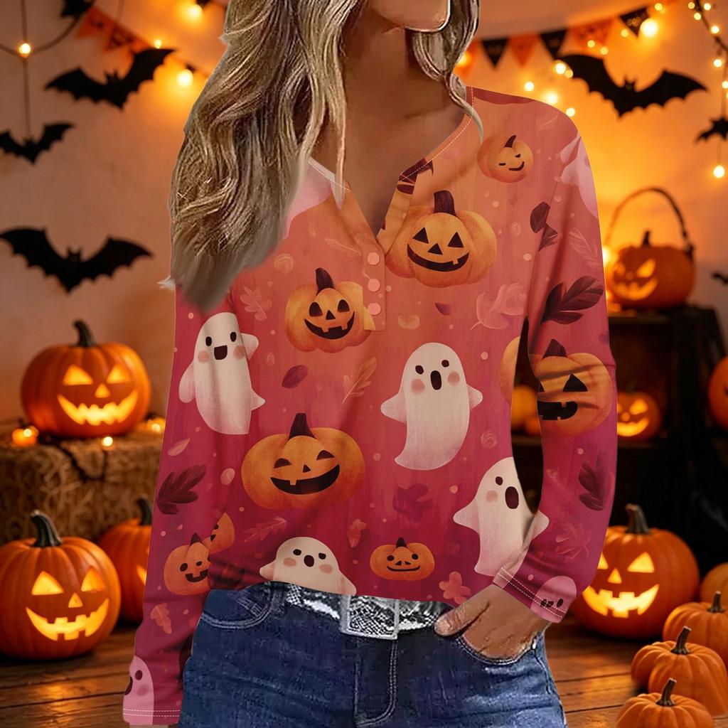 Women's Halloween Print Long Sleeve V Neck Button Detail Casual T Shirt Top with Festive Graphic Design for Seasonal Wear