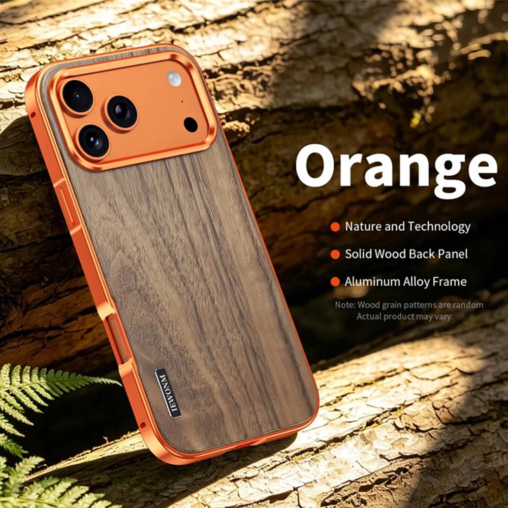 Luxury For iPhone 17 16 15 Pro Max Alloy Solid Wood Back Panel Hybrid Phone Case For Magsafe Wireless Charging Aluminum Alloy Cover