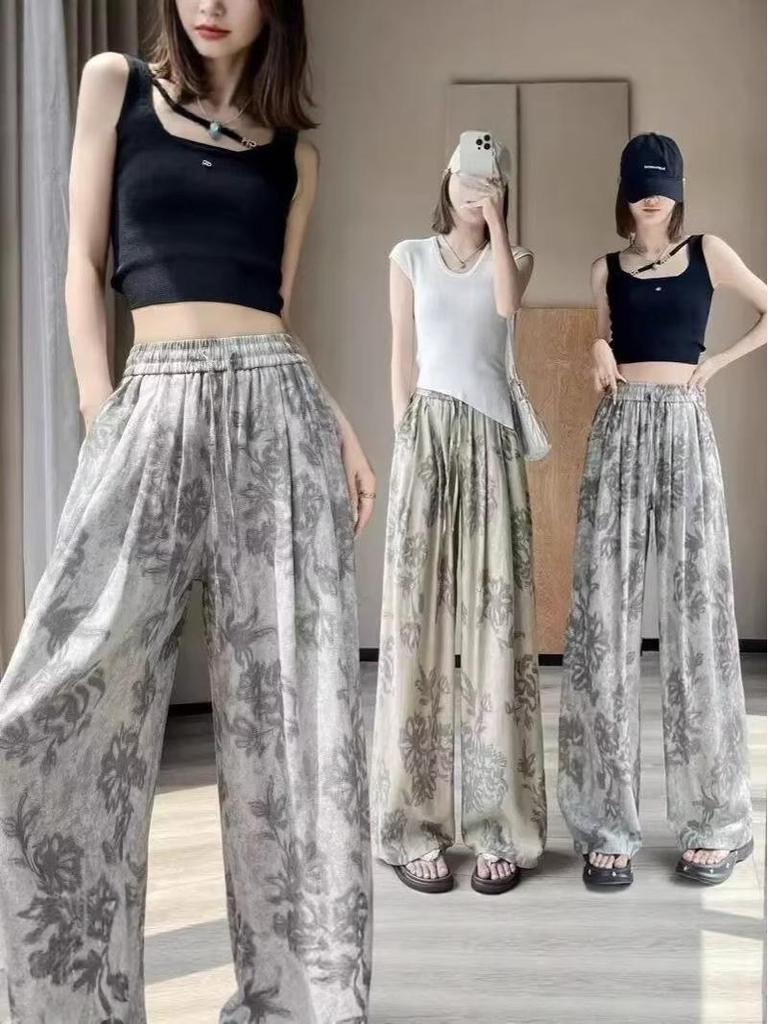 2025 Summer Retro Print High-Waisted Wide-Leg Pants - Slimming, Loose, and Lightweight for Women