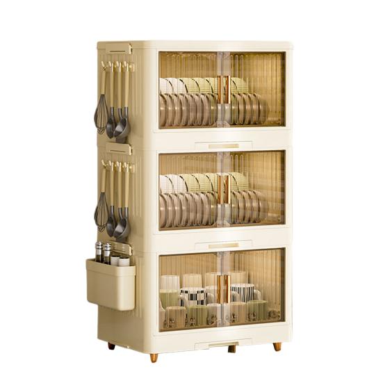 Stackable Tableware Storage Box Multi-Tier Dinnerware Organizer with Clear Lid Doors Hooks Dishes Plates Cups Storage Bins with Drainage Tray