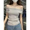 Mode Schulterfrei Kurzarm Elegant Nieten Pullover Gestrickt Damen Bluse Slim Fit Einfacher Pullover Einfarbig T-Shirt Y2k Lässiges Oberteil Kleidung