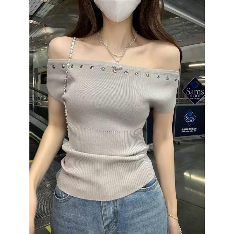 Mode Schulterfrei Kurzarm Elegant Nieten Pullover Gestrickt Damen Bluse Slim Fit Einfacher Pullover Einfarbig T-Shirt Y2k Lässiges Oberteil Kleidung