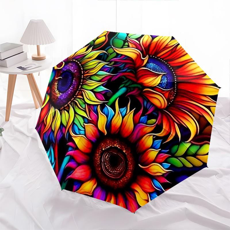 1pc Colorful Sunflower Auto-Folding Umbrella with Portable Tri-Fold Design, 8-Rib Iron Frame Outdoor Umbrella, Perfect Festival Gift for Fans, Travele