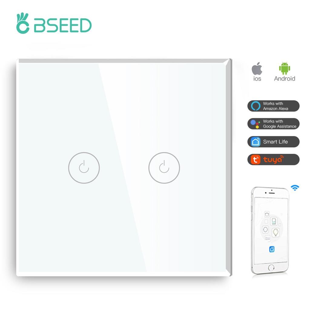 BSEED Wifi 1/2/3 Gang 1 Way Smart Switch LED Buttons Glass Panel Smart Switch Work With Tuya Google Home EU Touch Switch 600W