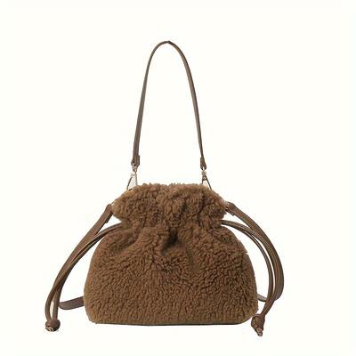 Fashionable Mini Plush Crossbody Bag With Drawstring - Soft Fuzzy Bucket Bag For Women,  Detachable Strap, Polyester Lined