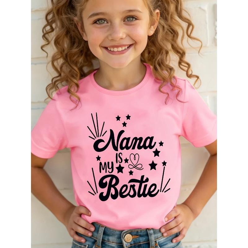 

European sizeSummer Fashion Girls Short Sleeve T Shirt Nana IS MY Bestie Letter Cartoon Print Casual Top 164cm рожевий