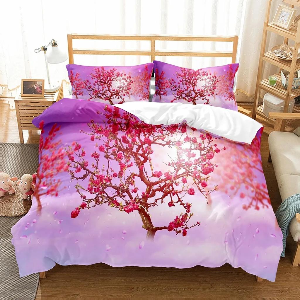 Plum Flower Duvet Cover Set Red Flower Pattern Bedding Set for Girls Women Polyester Comforter Cover Quilt Cover King Full Size