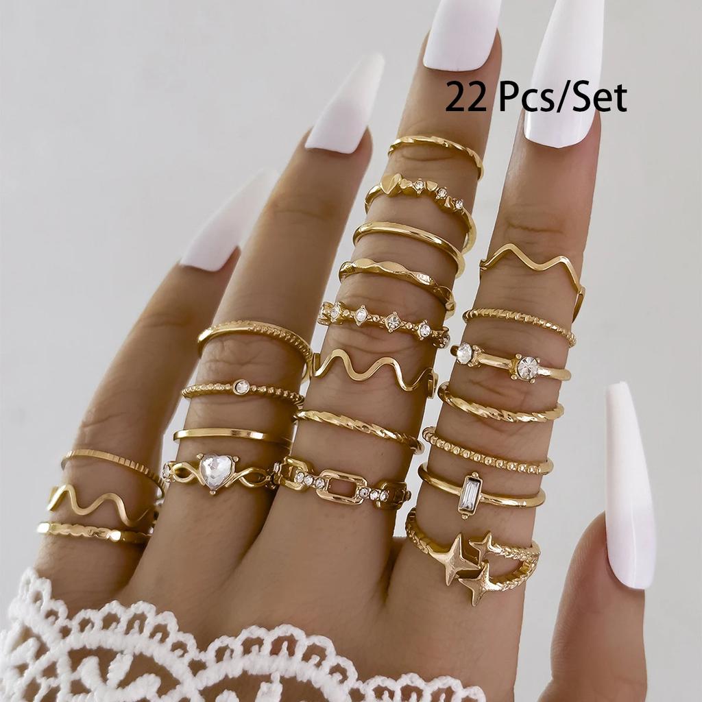 22Pcs Bohemian Geometric Knuckle Rings Set For Women Gold Silver Color Star Heart Crystal Finger Ring Girl Fashion Party Jewelry