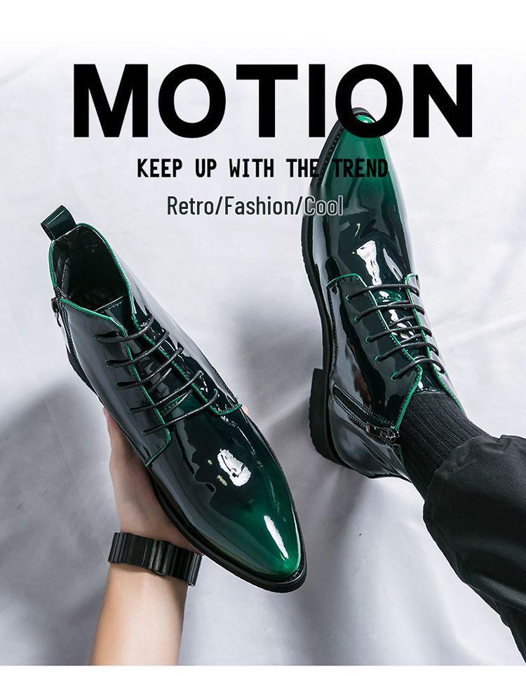 Men's Green Glossy High-Top Martin Boots - British Style Pointed Toe Chelsea Boots, Autumn Korean Trend.