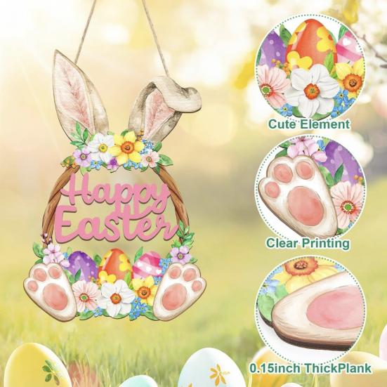 Wooden Easter Door Wreath for Bunny Eggs Porch Front Door Happy Easter Sign for Spring Window