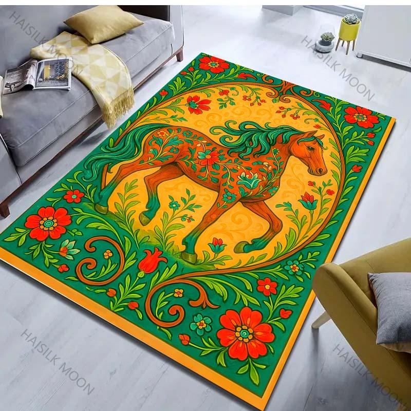 Multiple Sizes Vintage Painting Horse Print Carpet for Bedroom Living Room Bedside Sofa Floor Mat Modern Home Decor Area Rug