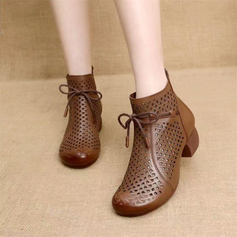 Fashion Shoes Block Heels Soft Sandal Woman Boot 2025 Summer Breathable Chunky New Retro Real Genuine Leather Block Heels Retro Woman Sh