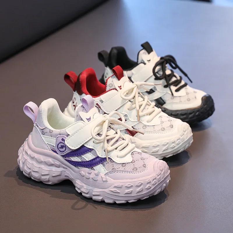 Students Running Shoes Thick Soft Sole Children Sports Shoes Mesh Breathable 2025 New Fashion Boys Girls Sneakers Hook&loop