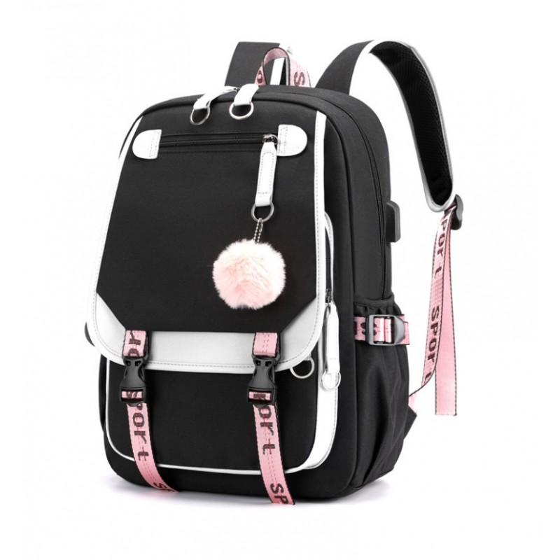 Universal Sport School Backpack with Keychain and USB Black School
