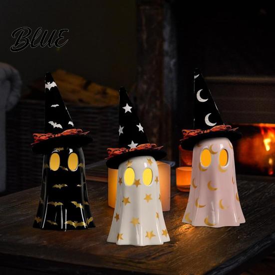 Zaubererhut Geisterstatue Leuchtend Halloween Dekoration Niedliche Gruselige Hexe Figur Harzfiguren LED Beleuchtet für Kaminsims Regal Innenbereich Haus