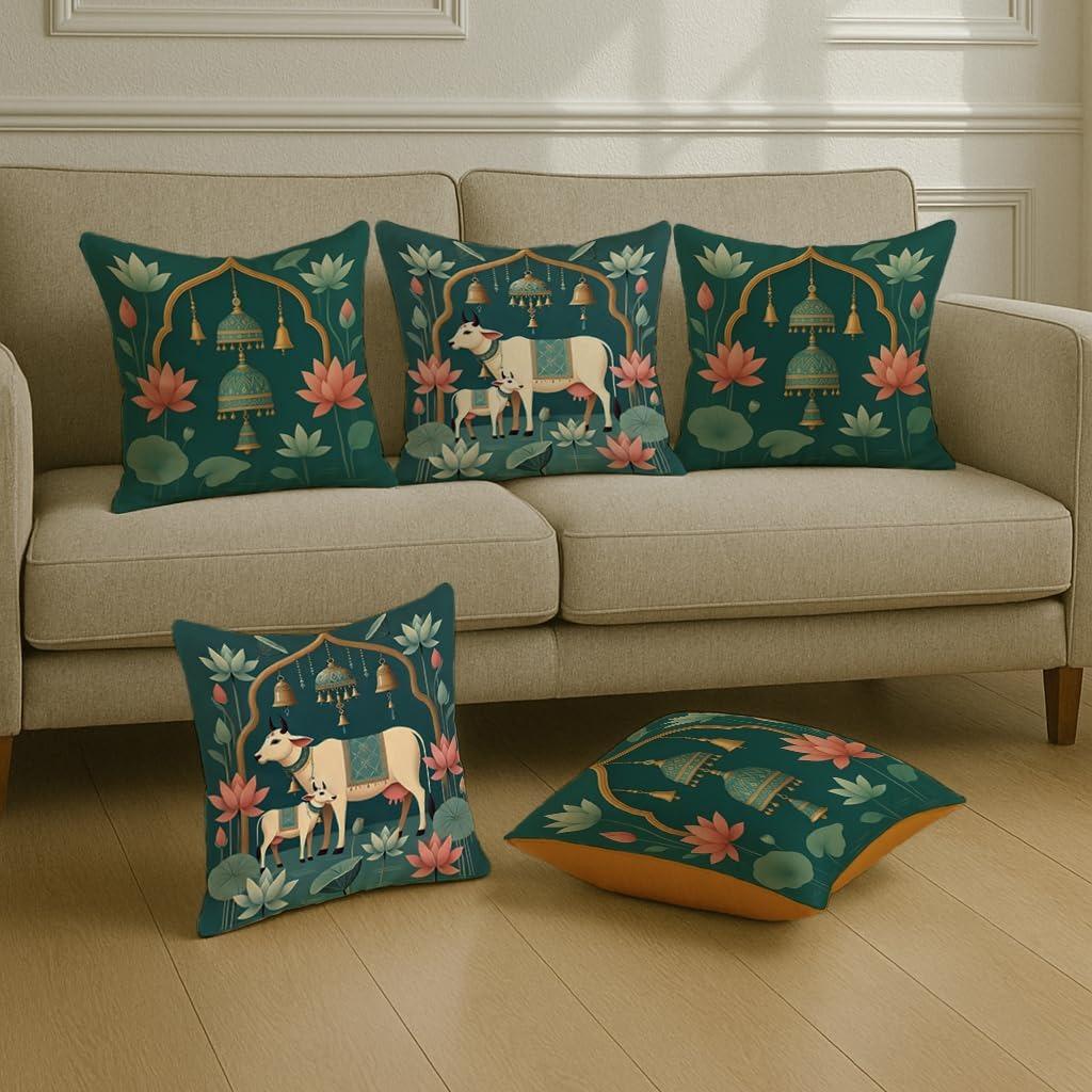 

Satin Cushion Covers Green Ethnic Print with Cow, Lotus & Bell Art, 16x16 Inch (Pack of 5) 16 x 16 Inch (Pack of 5)