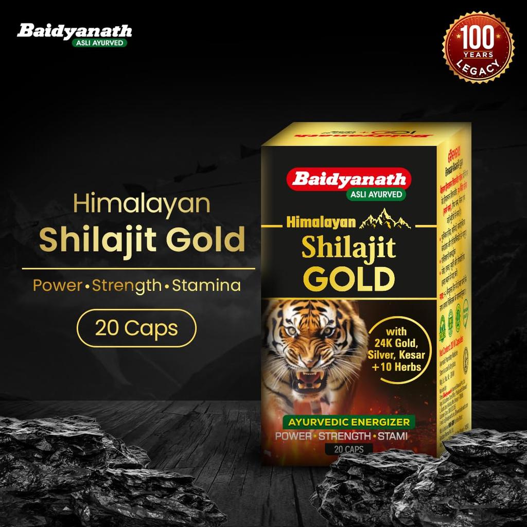 Baidyanath Himalayan Shilajit Gold Ayurvedic 20 Capsules with Gold, Silver & Herbal Extracts for Daily Energy and Vitality