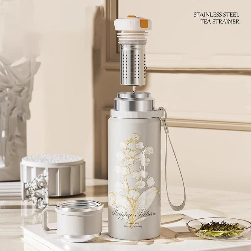 COOKER KING Thermos Wasser 600ml/800ml Flasche Blumenmuster Teetasse Edelstahl Isolierbecher mit Teesieb Teebereiter