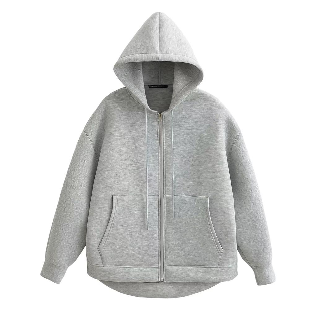 Autumn Women Gray Jacket with Hood Long Sleeve Big Pocket Zipper Jacket Coat Woman Loose Casual Outerwear Coat Tops