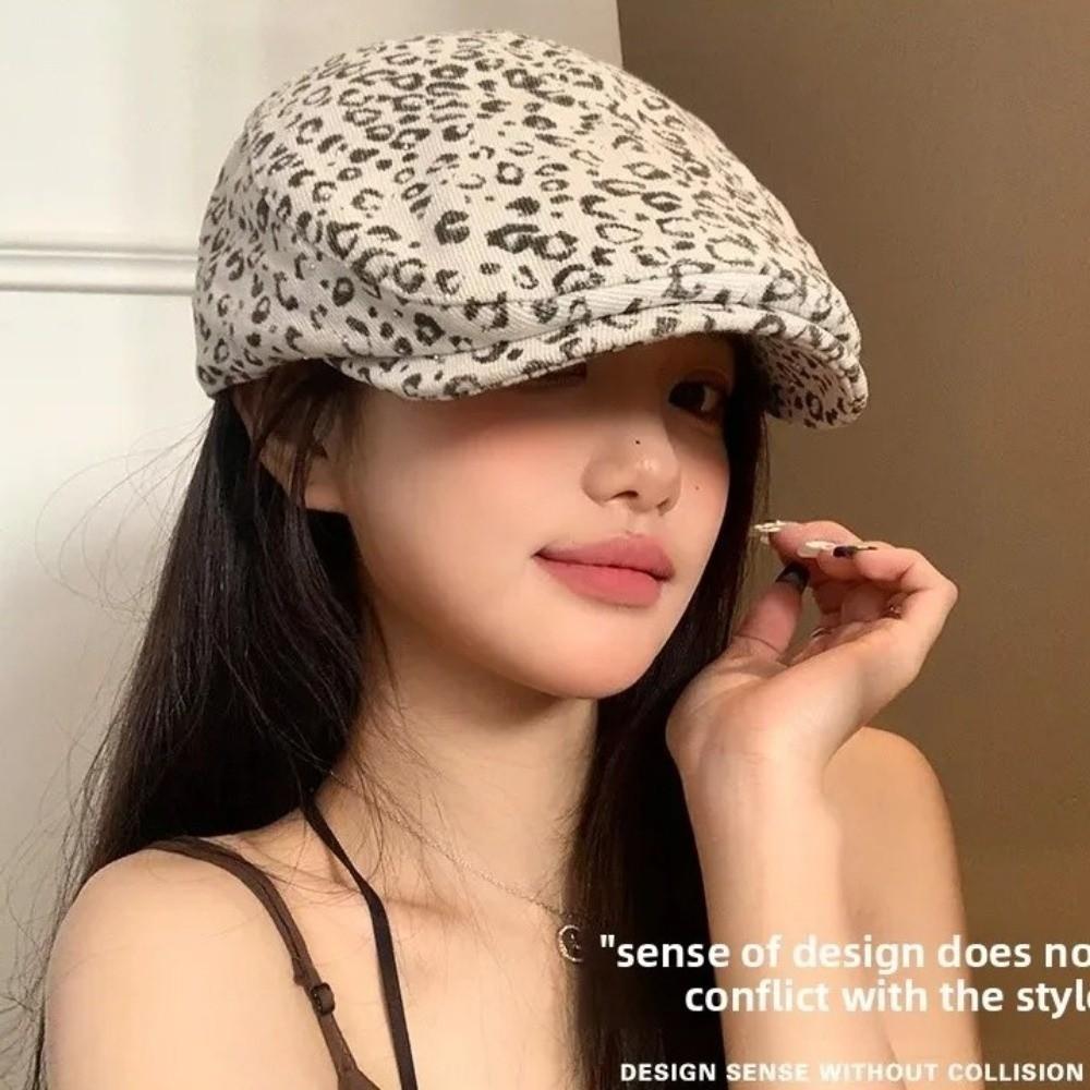 Rhinestone Leopard Print Beret Flat Painter Cap Fashion Leopard Newsboy Cap Outdoor
