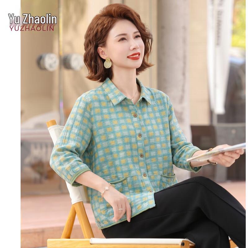 YUZHAOLIN Women s Plaid Seven-Quarter Sleeve Cardigan Shirt 4XL