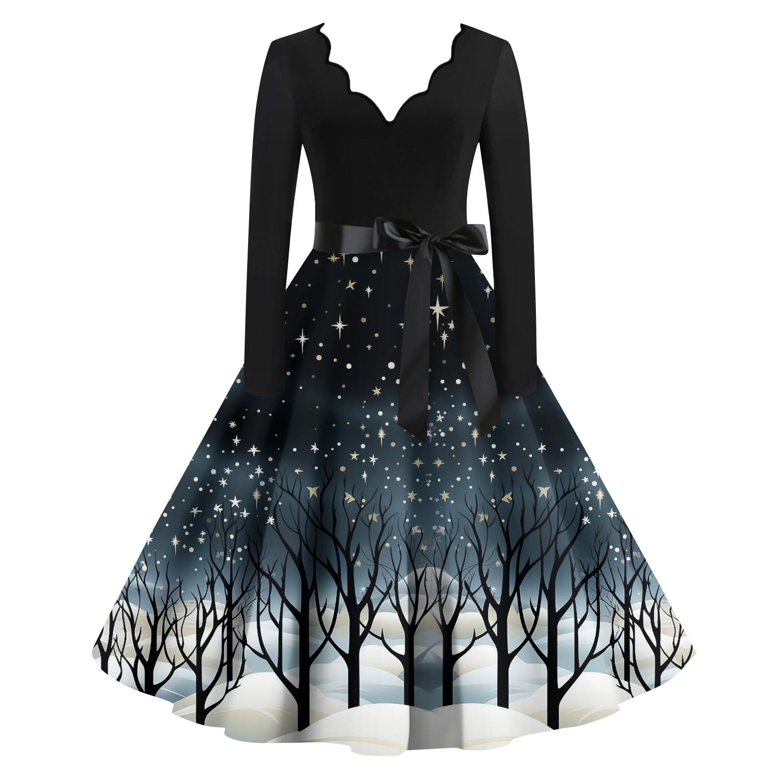 

Женское повседневное модное платье с V-образным вырезом и длинными рукавами в стиле ретро с рождественским принтом в стиле ретро, осень S серебряный