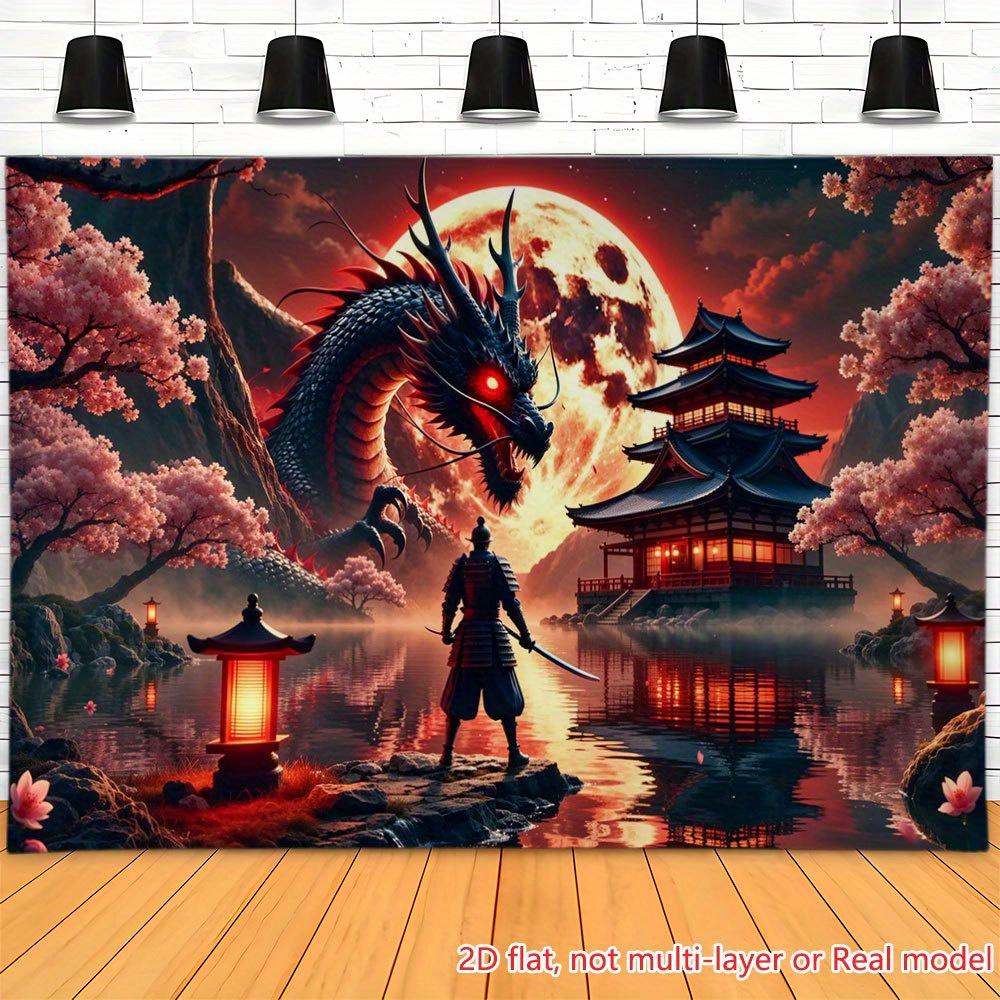 2D plane 1-piece warrior dragon and cherry blossom pagoda background suitable for weddings 100x150cm