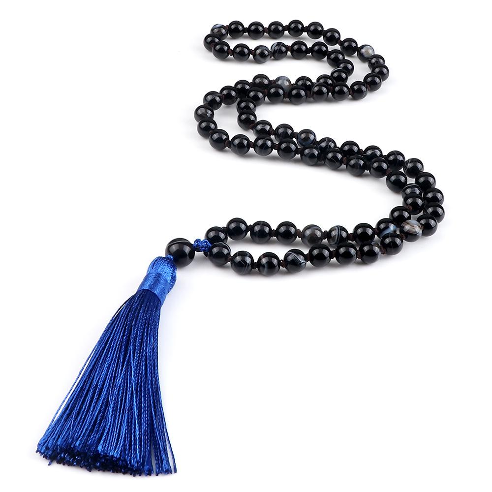 European 8mm Stone Bead Tassel Necklace and Multi-Strand Buddhist Bead Bracelet