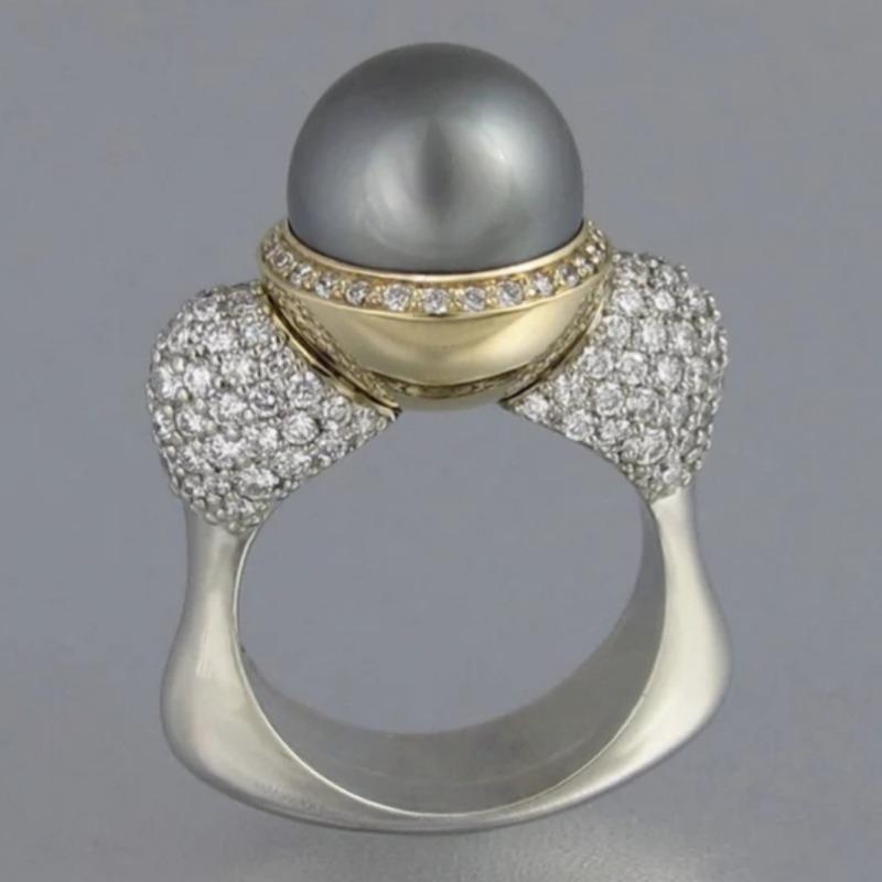 Vintage Inlaid White CZ Imitation Pearl Women's Ring Creativity Two Color Geometry Daily Wear Party Jewelry Anniversary Gift