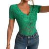 Elegant Women'S Red Lace V-Neck Short Sleeve Top Stretchy  Form-Fitting Perfect for Spring & Summer Casual Wear Floral Print Top