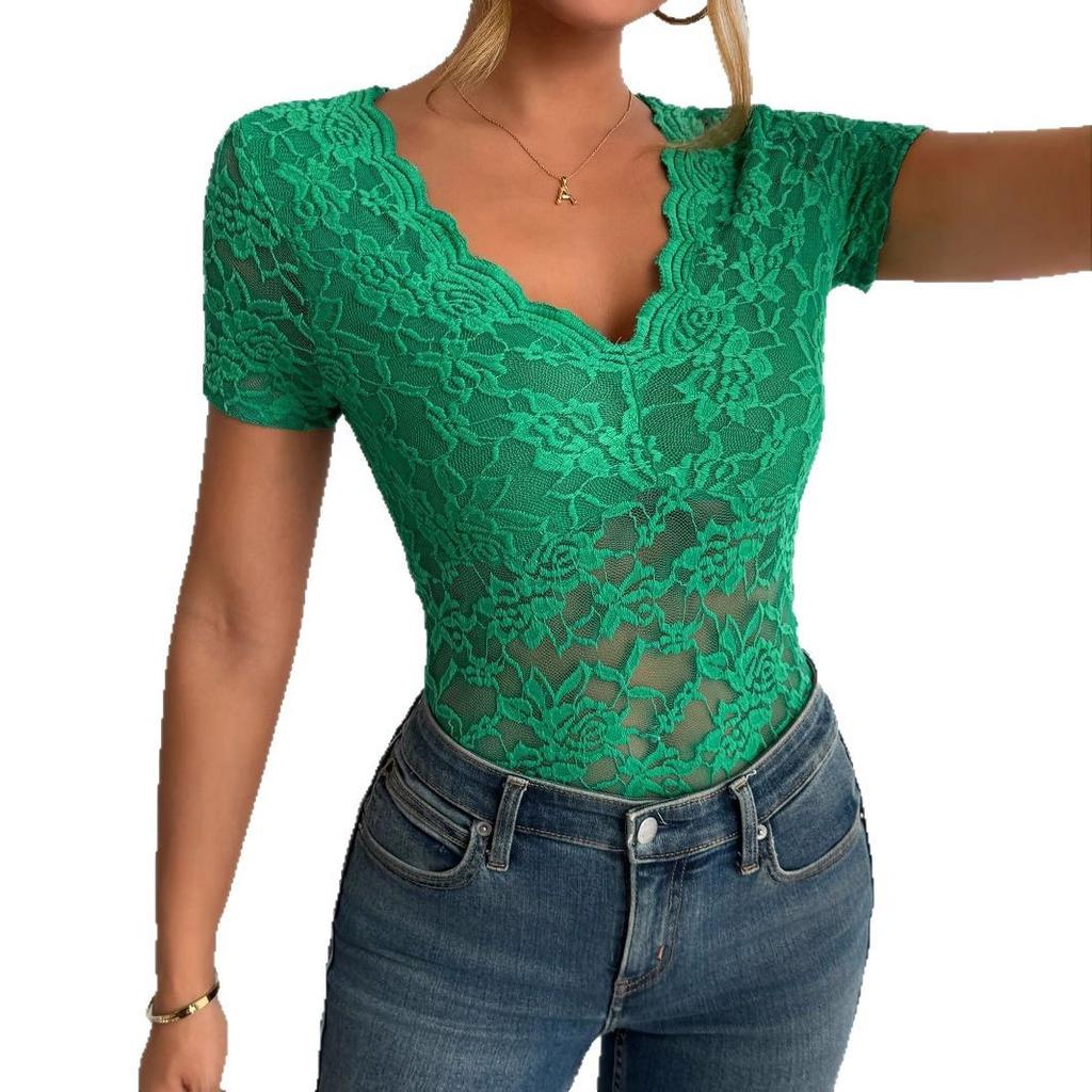 Elegant Women'S Red Lace V-Neck Short Sleeve Top Stretchy Form-Fitting Perfect for Spring & Summer Casual Wear Floral Print Top
