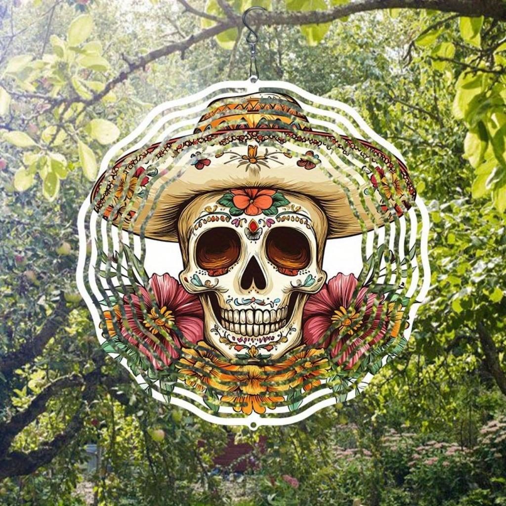 Kaijit - 1pc No Battery Required Cinco De Mayo Skull with Hat Mandala Wind Powered Rotating Wind Chime - Dynamic 2D Hanging Garden Art