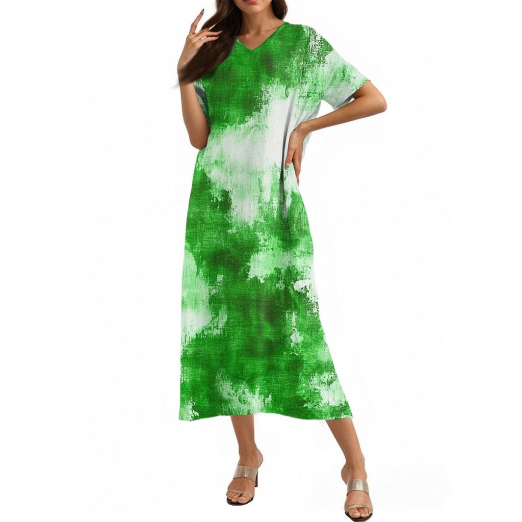 Mode Damen Sommer V-Ausschnitt Kurzarm Baumwolle und Leinen Vintage Blumendruck Strandkleid