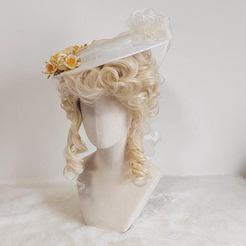 Exquisite Lolita Hat Flat Top Hat with Light Yellow Flowers All-match Bonnet Hat for Afternoon Pastoral Party Tea Party