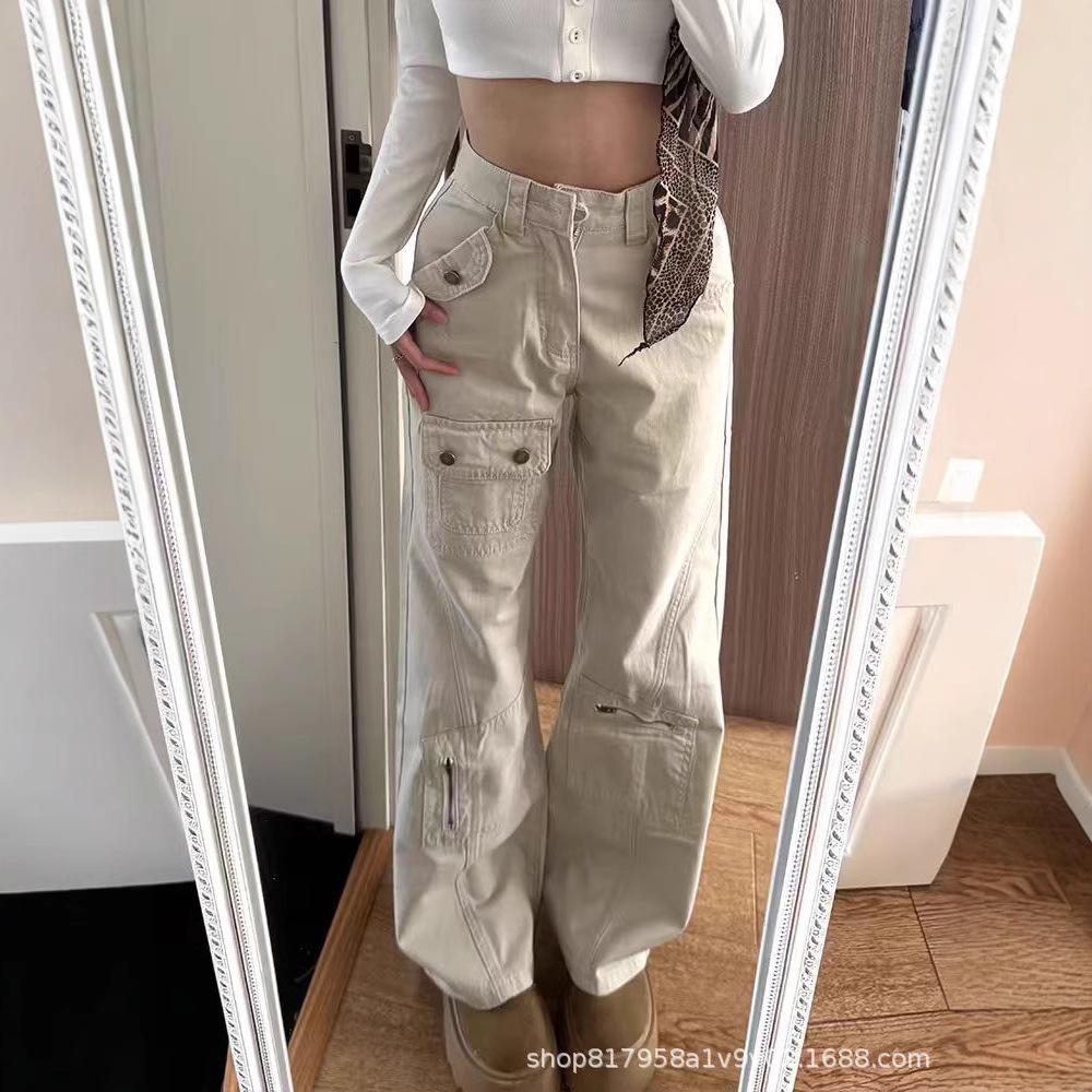Damen High-Waist American Cargo Jeans mit mehreren Taschen und Micro-Flared Wide-Leg Design für Frühjahr 2025