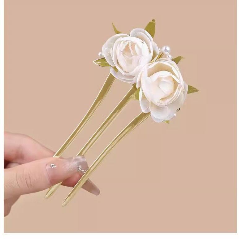 New Chinese Style Peony Beaded Three Teeth Hair Fork Vintage Elegant Bun Hair Accessories