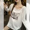 White Girly Anime Printed Long-sleeved Sunscreen Blouse T-shirt Women's Summer New Loose and Thin Top