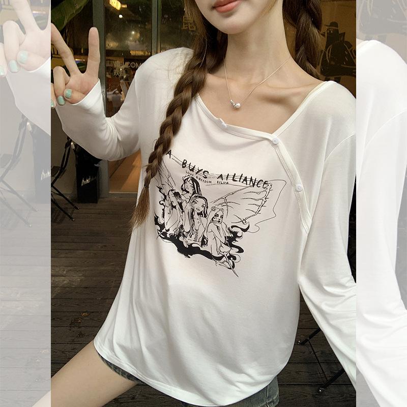 White Girly Anime Printed Long-sleeved Sunscreen Blouse T-shirt Women's Summer New Loose and Thin Top