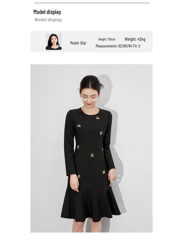 High-Grade Handmade Diamond Slim Ruffled Long-Sleeved Mini Dress for Formal Occasions