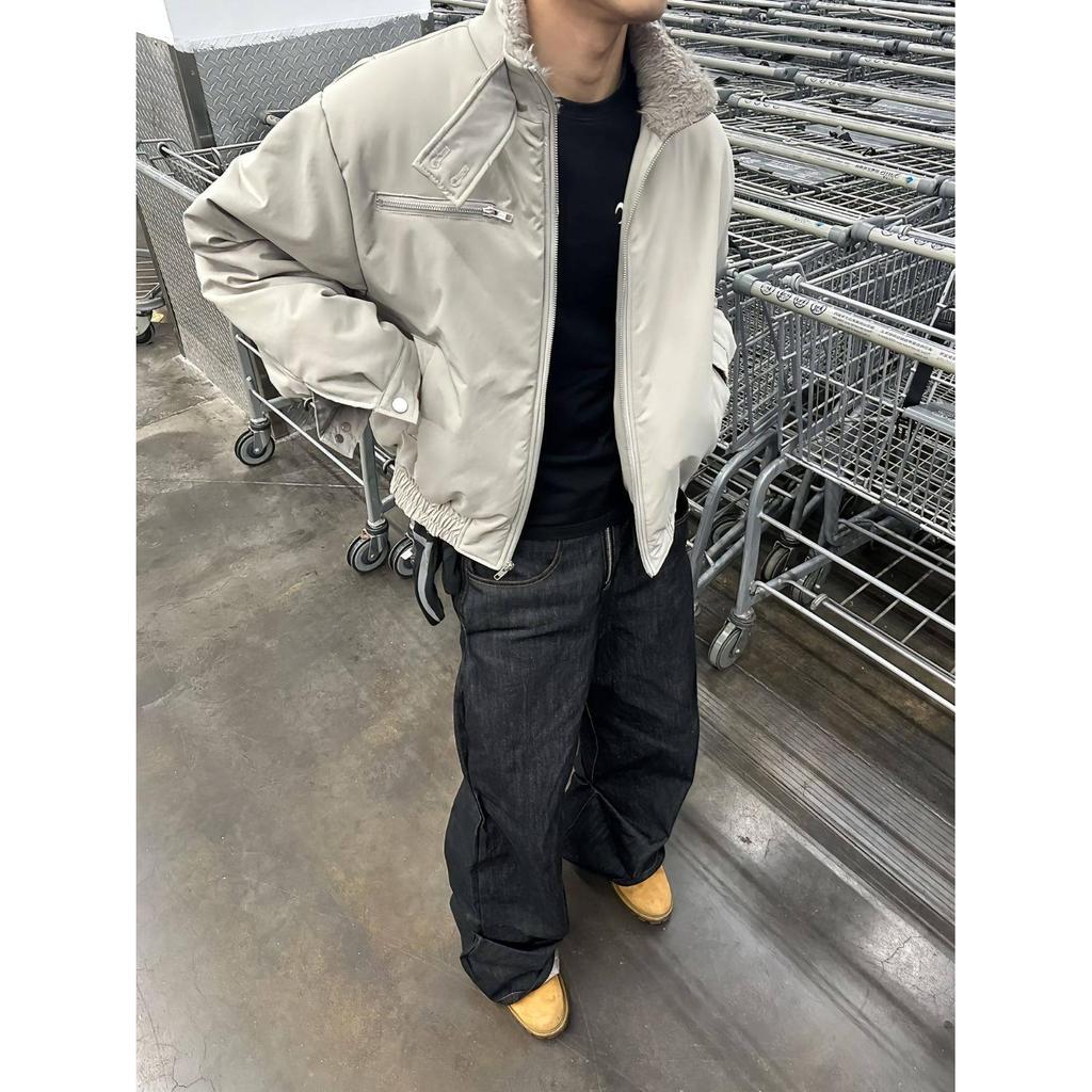 Cement Gray Winter Warm Fur Collar Cotton Harrington Bomber Jacket